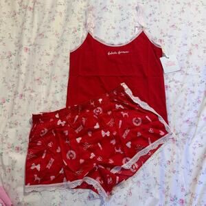 VS PINK x LoveShackFancy Lace Trim Tank Top Silky Boxy Pajama Shorts  Lipstick